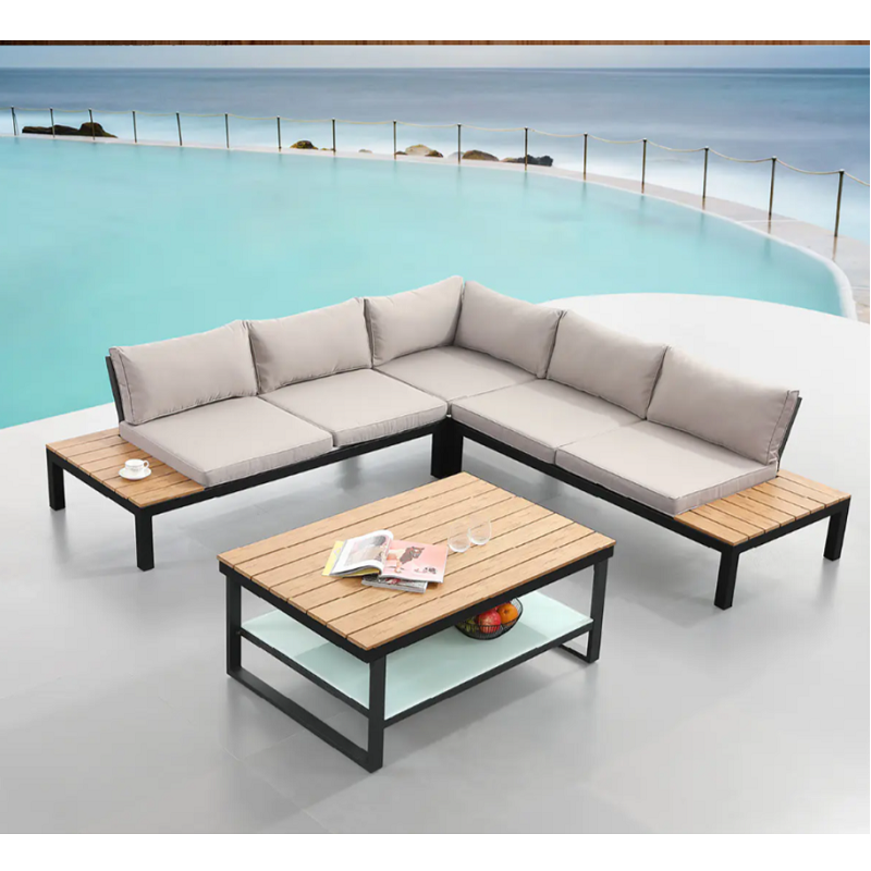 JJS14886 PS Wood Table Top Aluminum Frame Como Corner Sofa Set Featured Image